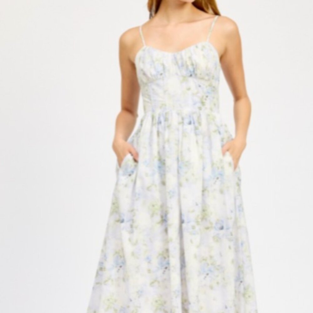 NEW En Saison Scarlet Tie Back Corset Midi Dress – Blue Sage Floral, NWT